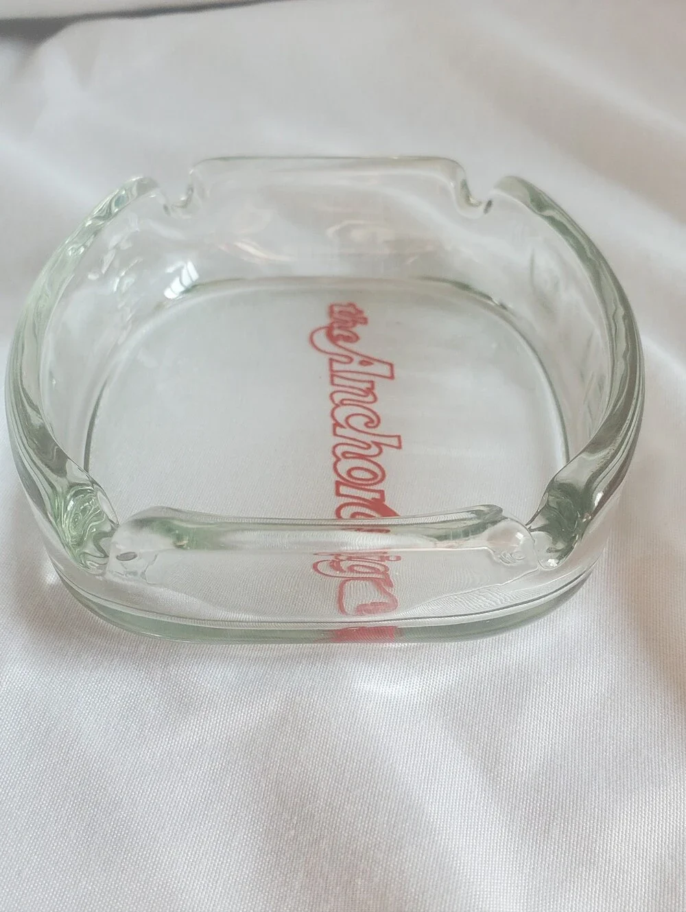 The Anchorage Vintage Clear Glass Ashtray with Red Script Logo Retro MCM EUC